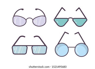 A set of glasses isolated. Vector glasses model icons. Black silhouettes isolated on white. Different shapes, frame, styles.