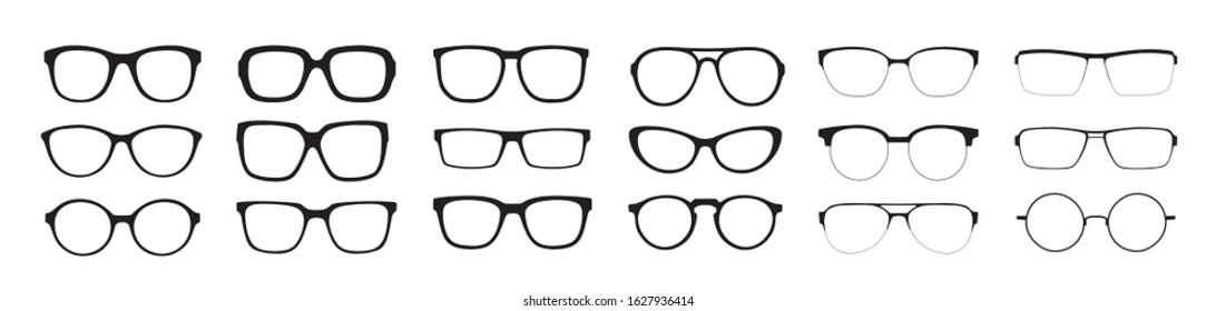 A set of glasses isolated. Vector glasses model icons. Sunglasses, glasses, isolated on white background. Silhouettes. Various shapes - stock illustration.