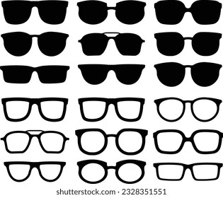 Un conjunto de vasos aislados. Iconos del modelo de gafas vectoras. Gafas de sol, gafas aisladas en fondo blanco. Silhouettes. Diversas formas - ilustración de stock.