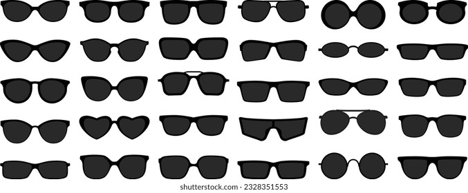 A set of glasses isolated. Vector glasses model icons. Sunglasses, glasses, isolated on white background. Silhouettes. Various shapes - stock illustration.