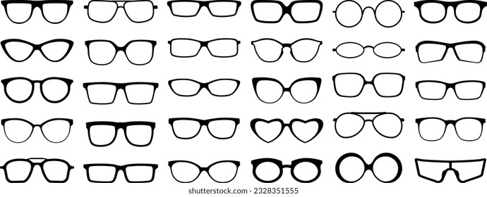 A set of glasses isolated. Vector glasses model icons. Sunglasses, glasses, isolated on white background. Silhouettes. Various shapes - stock illustration.