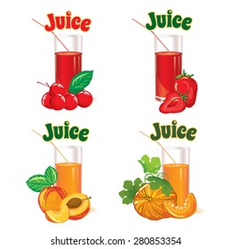 set of  glasses for juice from the cherries, strawberries, peaches and pumpkins