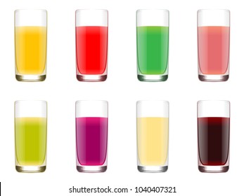 set of glasses with juice from fruits of different colors. Water, juice, wine. Realistic style. Vector illustration.