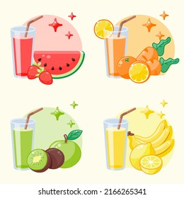 A set of glasses with juice, fruits and vegetables. Various smoothies. Illustration in cartoon style. Vector drinks. 