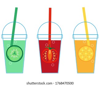 Set of glasses with juice and straw. Glass with lid with tomato, cucumber and orange juice. Vector image, for cafe, restaurant menu design. Illustration in bright summer colors on white background.