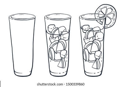 Set with glasses with lemonade and slice of lemons and ice cubes. Black and white hand drawn vector illustration.