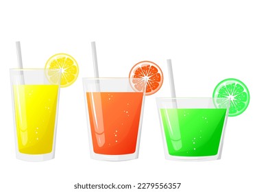 Set glasses of lemon,lime,orange juice, and a sliced. Natural fresh squeezed juice. Healthy diet. The design concept of a web page,advertising,cafe,menu. Vector illustration.