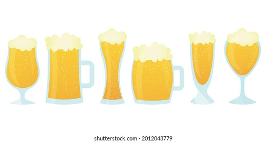 A set of glasses with light beer. A glass with light beer and foam. Vector illustration. Beer for menus, bars, logos, postcards, invitations.