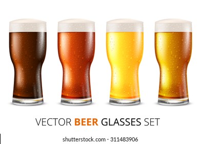 Set of glasses of light and dark beer with water drops, vector illustration