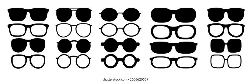 Set of glasses in linear style. Sunglasses of different shapes. Different styles of frames and lenses. Optics concept. Template for design and fashion.
Vector illustration