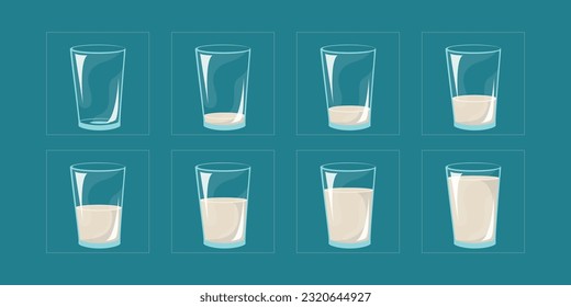 Set of glasses milk animation frames. 2d cartoon milk animated sprite sheet frames. Glasses with fresh milk storyboard vector illustration set.