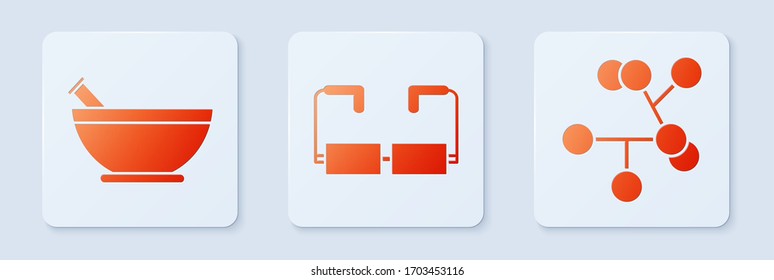 Colocar gafas, mortero y almirez y molécula. Botón cuadrado blanco. Vector