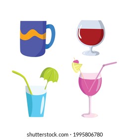 Set of glasses and mug flat design, vector illustration