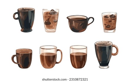 Satz Brillen und Becher mit Kaffee, flacher Cartoon einzeln auf weißem Hintergrund. Vektorgrafik