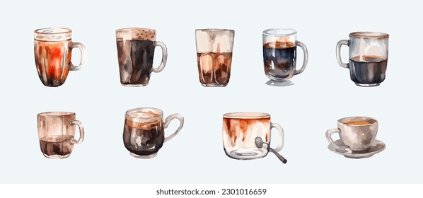 Set of glasses and mugs with coffee watercolour, isolated on white background. Vector illustration