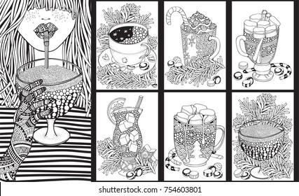 A set of glasses and mugs with drinks. Adult Coloring book page. Christmas decoration. Hand-drawn vector illustration. Black and white Pattern. Zentangle style.