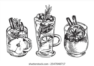 set of glasses with mulled wine. Christmas drink, vector illustration in sketch style. vintage