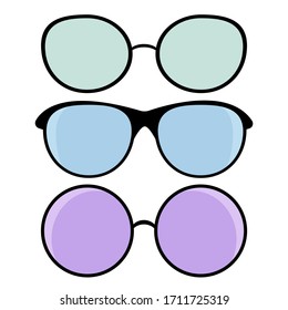 Set of glasses with multi-colored lenses isolated on white background. Set of vector icons