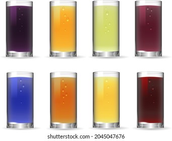 A set of glasses with multi-colored liquids.Multi-colored juices in glass glasses on a white background in a vector set.