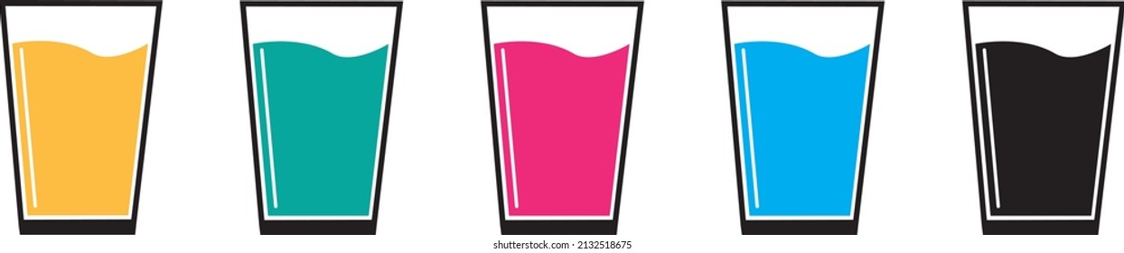 A set of glasses with multi-colored liquids.Multi-colored juices in glass glasses on a white background in a vector set.

