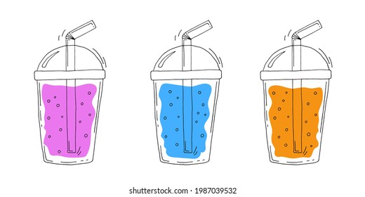 A set of glasses with multicolored soda. Cooling drink. The juice. Vector. Doodle. Freehand illustration.