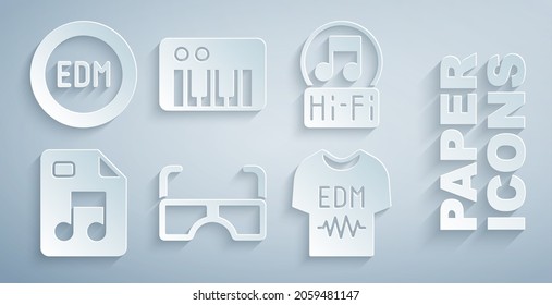 Set Glasses, Music note, tone, MP3 file document, T-shirt, synthesizer and EDM electronic dance music icon. Vector