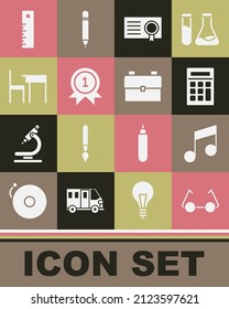 Set Glasses, Music note, tone, Calculator, Certificate template, Medal, School table and chair, Ruler and backpack icon. Vector