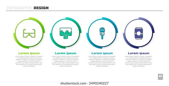 Set Glasses, Music wave equalizer, Microphone and Beer can. Business infographic template. Vector