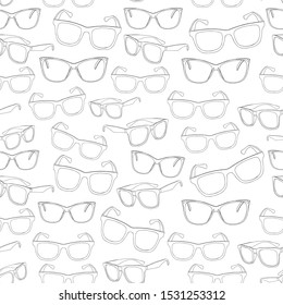 Set of glasses on a white background. Black and white drawing. Seamless pattern. Fashion print. Accessories Eye protection.