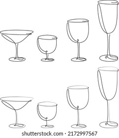 A set of glasses in one line, a glass of champagne in one line, a martini glass, wine in one line