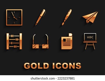 Set Glasses, Paper airplane, Chalkboard, Document, Abacus, Paint brush, Clock and Pen icon. Vector