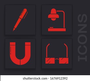 Set Glasses, Pen, Table lamp and Magnet icon. Vector