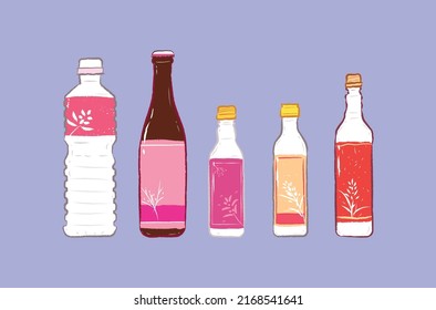 Set of glasses and plastic Taiwan rice wine bottle on purple background in vector simple flat illustration art design