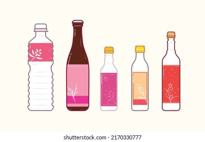 Set of glasses and plastic Taiwan rice wine bottle on purple background in vector simple flat illustration art design