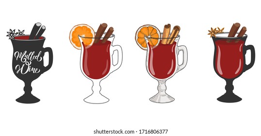 Brillensatz mit Rotmull-Wein einzeln auf Weiß. Zimt, Nelke und Orangenscheibe. Vektorillustration.