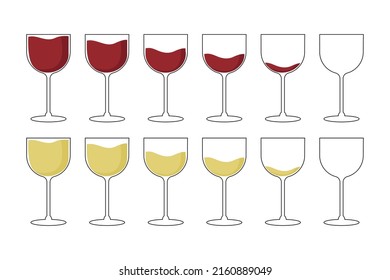 a set of glasses of red and white wine in a flat style. Vector image.