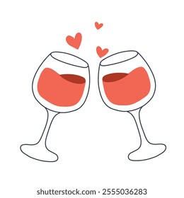 Set of glasses with red wine. Vector illustration. Collection of glasses with sparkling wine champagne. Doodle style.