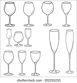 Set of glasses for red wine, white wine, sherry, cognac, champagne on a white background