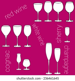 Set of glasses for red wine, white wine, sherry, cognac, champagne on a bright purple background