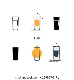 Set of glasses with rum in different styles. Shot glass drinks. Template alcohol beverage for restaurant, bar. Symbol party. Collection one drink.  Vector isolated flat illustration on white backdrop.