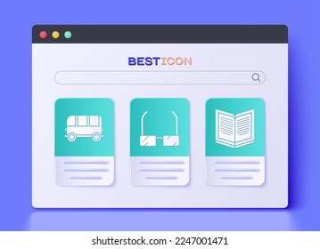 Set Glasses, School Bus and Open book icon. Vector