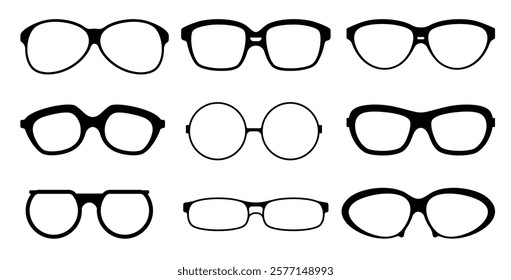 Set glasses silhouettes with different shapes. Black outline elements. Retro and modern eye optical various accessory. Fashion trendy eyewear. Sunglasses plastic rims. Vector flat isolated set