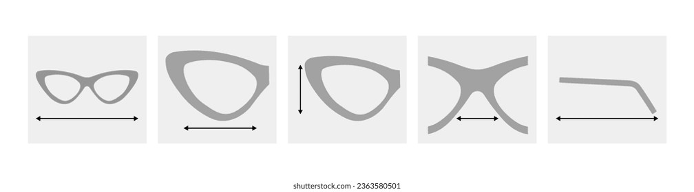Set of Glasses Size Chart measurement Eye frame fashion medical accessory illustration. Sunglass silhouette style, flat rim spectacles eyeglasses sketch style outline isolated on white background