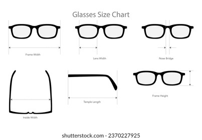 Set of Glasses Size Chart measurement Eye frame fashion medical accessory illustration. Sunglass silhouette style, flat rim spectacles eyeglasses sketch style outline isolated on white background