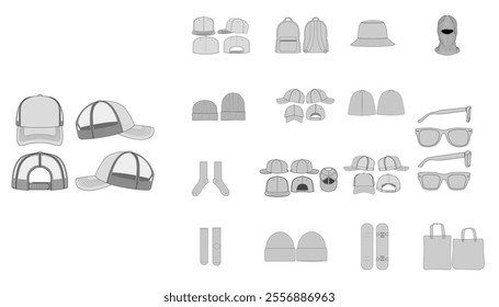 Set of Glasses, Socks, Balaclava, Mask, 5, 6 Panel Cap - Technical Flat Drawing of Tote Bags, Skateboard Beanies Design - Fashion Accessories Technical Illustration - Trucker Hat Snapback Caps