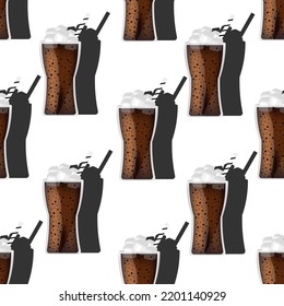 Set of glasses with soda with ice, straw and bubbles. Seamless pattern with caffeine in glass. Background with cold drink with sparkles.