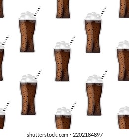 Set of glasses with soda with ice, straw and bubbles. Seamless pattern with caffeine drink in glass. Background with cold drink with sparkles.