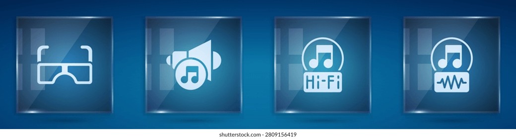 Set Glasses, Speaker volume, Music note, tone and . Square glass panels. Vector