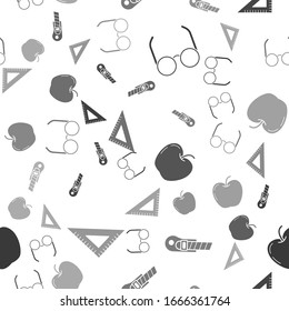 Set Glasses, Stationery knife, Apple and Triangular ruler on seamless pattern. Vector