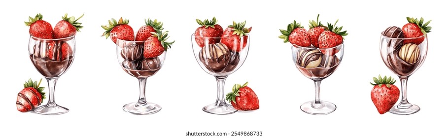 Set of glasses with strawberries in chocolate png. Watercolor strawberries in transparent glasses covered with milk and white chocolate. Chocolate fondue. Vector illustration.